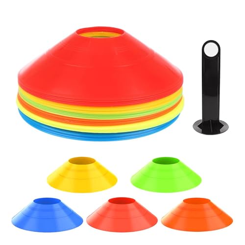 20 Stücke Hütchen Fussball, Runde Markierungshütchen mit Ständer, Fussball Trainingszubehör, Fussball Zubehör, Trainingshütchen für Fussball, Hockey, Handball, Koordinationstraining (5 Farben)