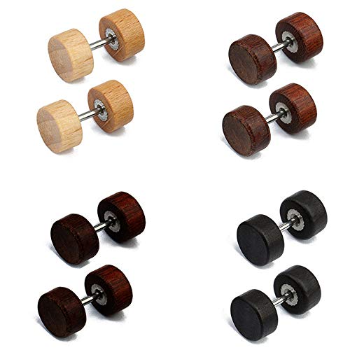 Epoch World 4 Paare 8mm Edelstahl Rund Holz Stud Ohrstecker Set für Damen Herren, Ohrschmuck Titan Ohrringe Herren Holz Schwarz Fake Plug Tunnel Set, Ohrstecker Männer Holz, Ohrstecker Herren Holz