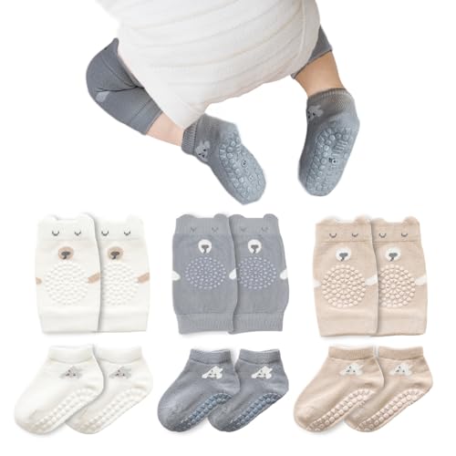 TNSLAND Knieschoner Baby zum Krabbeln 3 Paar Knieschoner Baby und 3 Paar Krabbelsocken Baby Anti Rutsch Krabbel Krabbelschoner mit Gummipunkte Knie Socken Krabbelhilfe Jungen Mädchen 6-12 Monate