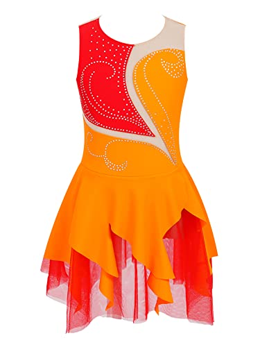 iEFiEL Mädchen Eiskunstlauf Kleid Glitzer Ballettkleid Ärmellos Ballettanzug Ballett Trikot Body mit Strass Wettbewerb Kostüm Gymnastikanzug Yc Orange 158-164