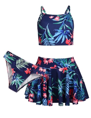 Arshiner Mädchen Bikini Set 3er Sommer Badeanzüge Kinder Dreiteilig Tankini mit Rock Blumendruck Bademode Bikinis für Mädchen 13-14 Jahre