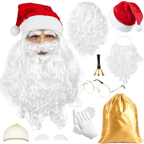 iZoeL Weihnachtsmann kostüm Herren Damen, Weihnachtsmann Perücke Bart Mütze Handschuhe Weihnachtsmann Tasche Brille Weihnachtskostüm Accessories, Herren Damen Weihnachtsmann Anzug