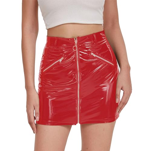 Rock Damen kurz Leder Damen Wetlook Sexy Rock Minirock Damen sexy Wetlook Lederrock Damen Wetlook Rock Latex Rock Damen kurz Lackleder sexy offener Rock Erotischer kurzer Rock mit Reißverschluss（XL）