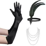 TUXUNQING Damen Satin-Handschuhe, lange schwarze Handschuhe, Feder-Stirnband, Feder- und Kristall-Stirnband, Mode-Accessoires im Retro-Stil der 1920er Jahre (Schwarz)