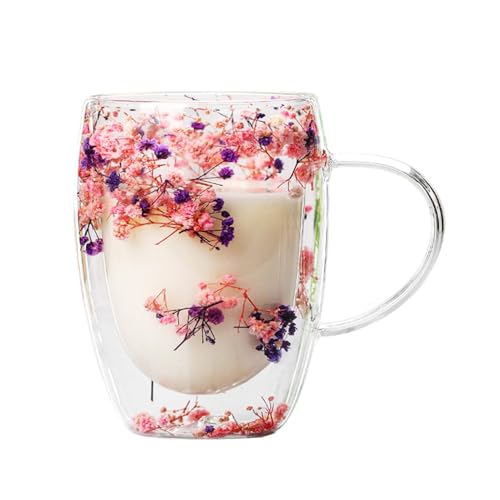 Doppelwandige Glas Kaffeetassen Mit Getrockneten Blumen, 350ml Blumen Doppelschicht Glasbecher, Doppelwandige Gläser, Trockenblumen-Doppelglas, Isolierte Kaffeetasse Für Kalte Und Heiße Getränke