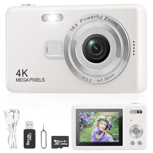 Digitalkamera Fotokamera mit 64GB Karte,Tragbare Fotoapparat mit 2,4" LCD Bildschirm,HD 1080P Fotokamera Kompaktkamera,40MP Fotoapparat,8X Digital Zoom Digital Kamera für Teenager,Anfänger (Weiß)