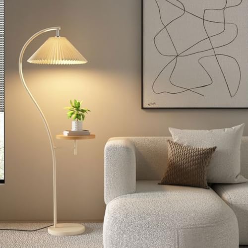 Wylolik Stehlampe mit Tisch, cremefarbene Stehlampen aus plissiertem Stoff, einfache Leselampe, vertikale Leselampe, hohe Leselampen für Wohnzimmer, moderne Atmosphäre, Stehlampen mit Fußschalter