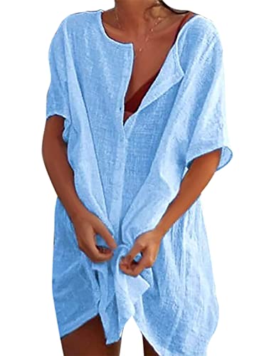 RITOSTA Strandkleid Damen Rund Ausschnitt Strandtunika Strandkleider Sommer Strandponcho Badeanzug Bikini Cover Up Strandurlaub Baumwolle Kleid Bademode Strand Vertuschen (Blau,L)