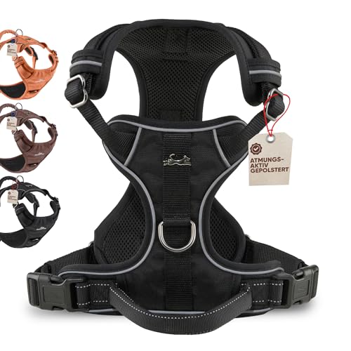 FREUDENTIER Hundegeschirr mit Griff, atmungsaktiv gepolstert - Bombenfester Sitz & maximale Sicherheit - Anti Zug Hundegeschirr kleine, mittelgroße & Grosse Hunde - Hunde Geschirr (Black, L)