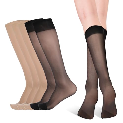 CIATBYYJ 6 Paar Damen Kniestrümpfe,Nylon Kniestrümpfe,Transparente Nylon Fein-Kniestrümpfes,Kniehohe Pop Socken für Damen(Schwarz+Hautfarben)