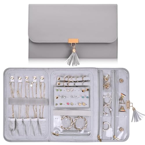 Schmuck Organizer, 28x17,6cm, Schmuckaufbewahrung Reise Wasserdicht Leder Schmuckschatulle, 2 Ring Schnallen Band, 1 Ohrring Panel, 5 Halskette Schnallen Riemen, 6 Taschen, 1 Reißverschlusstasche