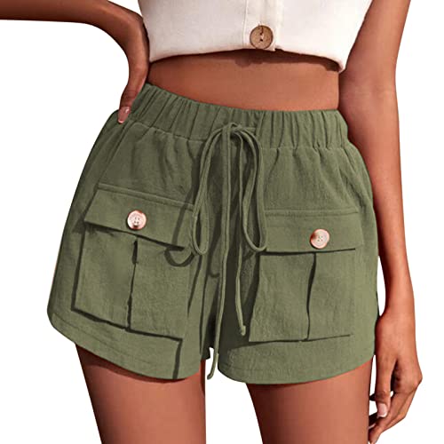 Sommer Hosen Damen Locker Kurz Lässige Damenhosen lässiger elastischer Taillenseil Auszug mit Taschen Summer Beach Fesselte Shem-Hosen Lose Freizeithosen für Frauen (Army Green, L)