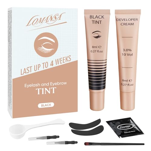 Lomansa Wimperfarbe With Eye Pads Wimpernfarbe Schwarz, Augenbrauenfarbe und Wimpern Färben, 10 Anwendungen Intensiv Tönung, Zwei Bürstentypen für Einfache Bedienung, Geeignet für Anfänger und Salons