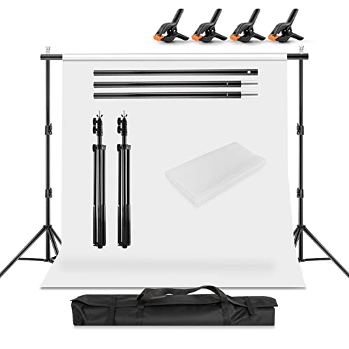 YORKING Foto Hintergrund Ständer 2 x 2m Verstellbarer Fotostudio Hintergrundsystem Stabiles Hintergrundgestell mit Weiß Fotohintergrund Tragetasche und 4 Klemmen für Porträt Produktfotografie