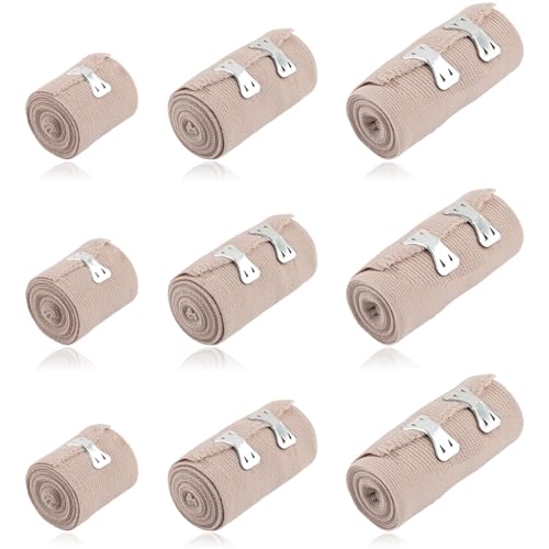Deepton 9 Stück Elastische Binde, Fixierbinde mit 2 Clips, Medizinische Binden Verband, Elastische Bandage, Gedehnt Luftdurchlässig Wrap Kompressionsrolle für Handgelenke Knöchel Knie (5/7,5/10cm)