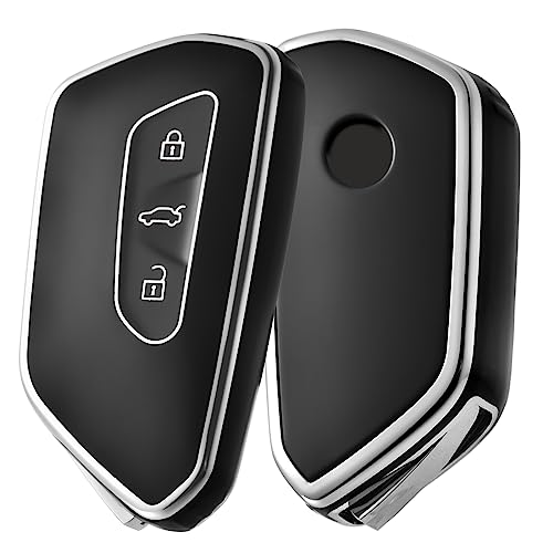 OATSBASF Autoschlüssel Hülle für VW, TPU Silikon Schlüsselhülle, kompatibel mit Golf 8, ID3, ID4, GTI, GTE, Seat Leon MK4, Tarraco, Ateca & Skoda Octavia (Silber Rand-Schwarz)