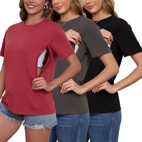 Love2Mi 3er Set Stillshirt mit verstecktem Reißverschluss Stillöffnung kurzen Umstandstop Stillen T-Shirt für Schwangere