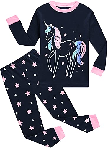 EULLA Kinder Mädchen Schlafanzüge Langarm Baumwolle Winter Pyjama Set Glow in The Dark Einhorn Zweiteilig Nachtwäsche 92 98 104 110 116 122 128 134 140 A-dunkelblau Glow in The Dark Einhorn DE 116