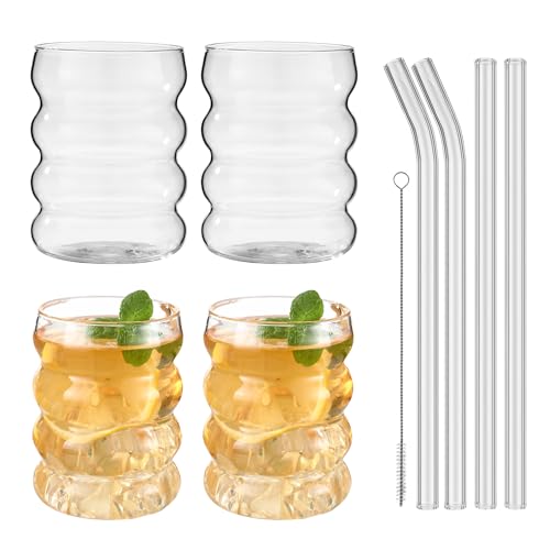 HAOYULUO Gerippte Gläser Set,r, 4er Bubble Gläser mit Strohhalmen,Cocktailgläser Wellenförmig, Wave Gläser Tumbler Glasbecher, Geeignet für Cocktails, Getränke,Milk und Limonaden