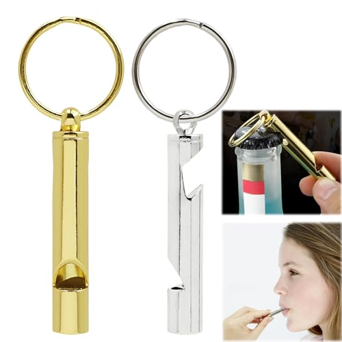 2pcs Flaschenöffner Schlüsselanhänger, Trillerpfeife mit Flaschenöffner, Edelstahl Schlüsselanhänger mit Pfeife, Multifunktionaler Tragbarer Bieröffner Schlüsselring für Camping, Outdoor-Aktivitäten