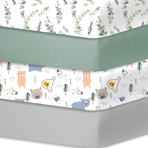 Spannbettlaken Spannbetttücher für Babybetten Kinderbett, atmungsaktives Mikrofaser Matratzenbettlaken, Oeko-TEX Zertifiziert, 60x120cm, 4er, Bläter/Grün/Bär/Grau