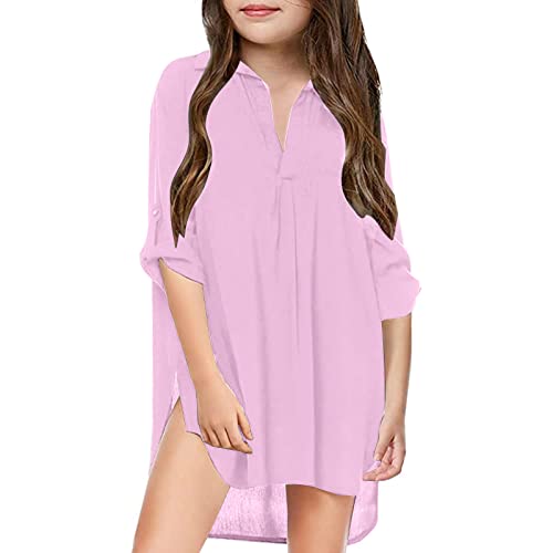 Generisch Badeponcho Kinder Sommer Cover Up Strandkleid Frottee Badekleid Einfarbig Chiffon Tunika Kleid Badeanzug Teenager Bademode 3/4 Ärmel Poncho Saugfähiges Mädchenkleid Bademantel Schwimmanzug