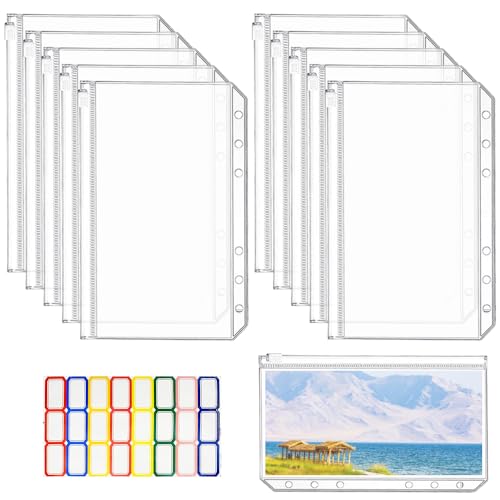 NAROSEBE 20 Stück A6 Binder Taschen 6 Loch Reißverschluss Ordner PVC Bindertaschen Wasserdicht Geld Budget Umschläge Transparent Loseblatt Dokumententasche für Dokumente Karten Foto Schreibwaren