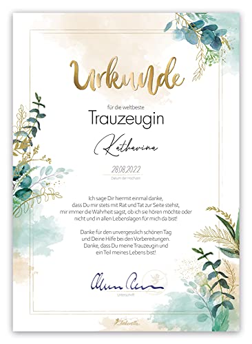 Trauzeugin-Urkunde von Tinkerella® – Urkunde für die Trauzeugin - die perfekte kleine Geschenkidee, besondere Aufmerksamkeit für deine Trauzeugin (Flora)