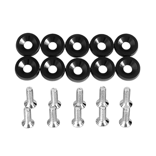 JNNJ 10 PCS M6 Kotflügelscheibe Motorraum Dress up Kit, Universal Eloxierte Aluminium Unterlegscheiben, Aluminium Kotflügel Stoßstange Scheibe Schraube(Schwarz)