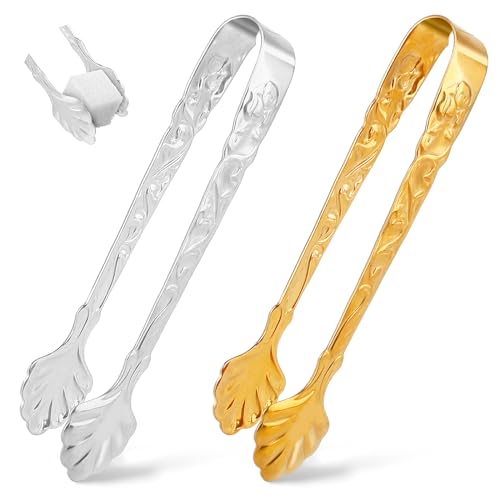 Jeffdad 2 Stück Zuckerzange Klein, Edelstahl Eiswürfelzange Mini Servierzange Süßigkeiten Zange Mini Zange Eiszange für Zuckerwürfel Eiswürfel Dessert Büfett Picknick Hochzeit Bar Party(Gold & Silber)