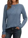 Cuptacc Langarmshirt Damen Rundhalsausschnitt Oberteile Mit Falten Lange Pullover Shirt Elegant Marineblau,Groß XXL 50