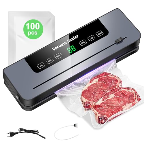 KLGFI Vakuumiergerät mit 100 Vakuumierbeutel, 7 in 1 Vakuumierer Profi mit Cutter, Digitalem Countdown und Vakuumierschlauch, Ideal für Küche