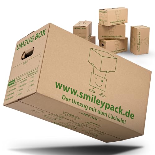 smiley pack 20 x stabile Umzugskartons - 620 x 300 x 330 mm - Extra groß und wieder-verwendbar - Umzugskiste 40kg Traglast - Umzug mit Karton-Box - Robuster Umzugskarton mit Deckel - Ordnungsboxen