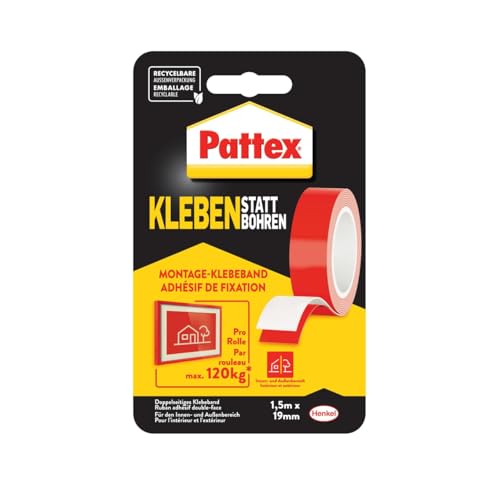 Pattex Kleben statt Bohren Klebeband, extra starkes doppelseitiges Klebeband, Doppelklebeband für Montagearbeiten innen & außen, Wandbefestigung ohne Bohren, 19mm x 1,5m