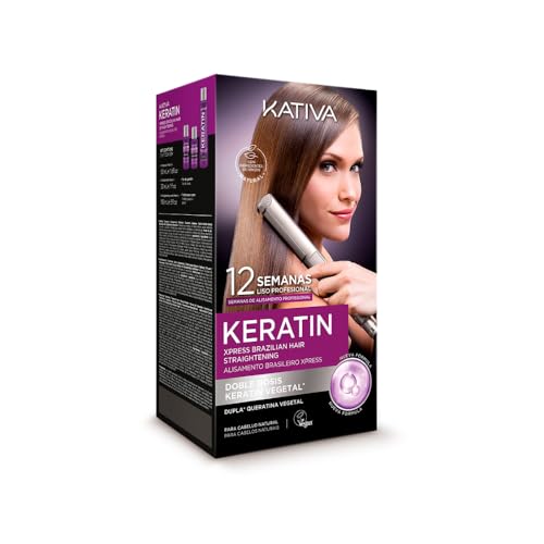 Kativa Keratin Brazilian Xpress Haarglättungs-Set, neue Formel mit Doppelkeratin, professionelle Glättungsbehandlung zu Hause, bis zu 12 Wochen haltbar, pflanzliche Keratin-Glättung, einfach