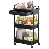 DUOJIN 3 Etagen Rolling Utility Organizer Rack mit Griff, Multifunktional Lagerwagen mit Netzkörbe und Abschließbare Räder für Badezimmer Küche Büro Klassenzimmer (Schwarz)