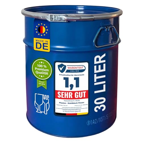 plasteo® 30 Liter Stahlfass Hobbock Deckelfass | Zyklon Absaugung Geeignet | Lebensmittelecht | UN-Zulassung | Made in DE | Mülleimer Behälter | 2 Griffe | Stabil Stapelbar