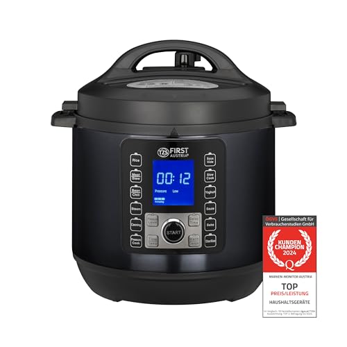 TZS First Austria Druckkochtopf elektrisch 6L | Multikocher | 12 Programme Schnellkochtopf | Reiskocher | Dampfgarer mit Warmhaltefunktion, Grau-Schwarz aus Edelstahl