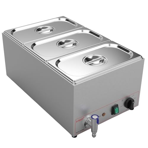 Valgus Edelstahl 3 Abschnitte 16L Bain Marie Speisenwärmer Elektrische Suppenwärmer Arbeitsplatte Steamer mit Deckel und Wasserhahn für Parteien, Bankett und Catering-Events