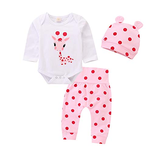 Juflam Neugeborene Baby Mädchen Kleidung Giraffe Strampler+Rosa Punkt Hose+ Hat 3Pcs Bekleidungssets (0–3 Monate)