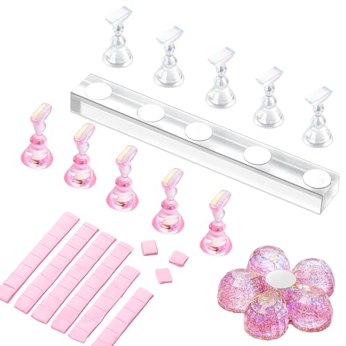 Makartt Acryl-Nagelständer Nagelübungsständer Magnetische Nagelspitzen Halter Nagel Malerei Ständer Klar Rosa Nagel Display Ständer mit 48pcs Klebe Knete