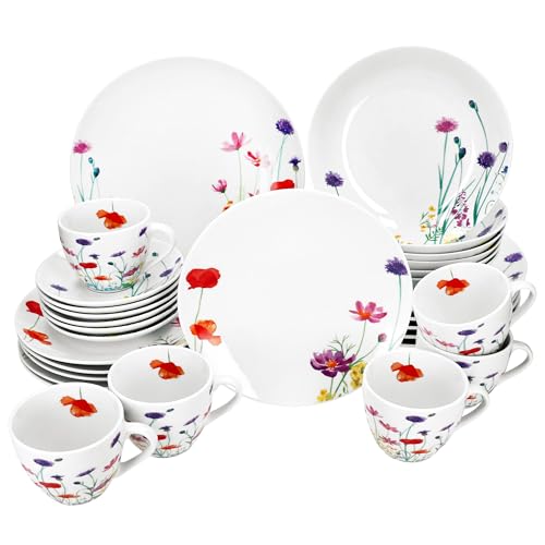 MamboCat Marie 30tlg Kombiservice I Porzellan-Geschirrset mit Blumenwiese-Dekor für 6 Personen I Je 6x Tassen, Untertassen, Kuchenteller, Suppenteller & Speiseteller