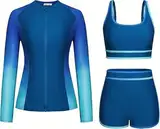 Kate Kasin Damen 3-Teiliger Badeanzug Langarm Reißverschluss Rashguard Set Sport-BH Badehose Schwimmanzug UV-Schutz Blaugrüner Farbverlauf L