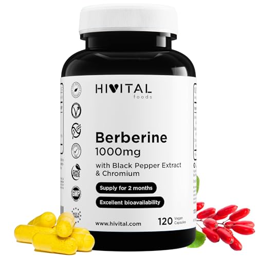 Berberin 1000 mg. 120 vegane Kapseln für für 2 Monate Behandlung. Natürlicher Extrakt aus Berberis Vulgaris mit Chrom und schwarzem Pfeffer zur Verbesserung der Aufnahme. Hergestellt von HIVITAL