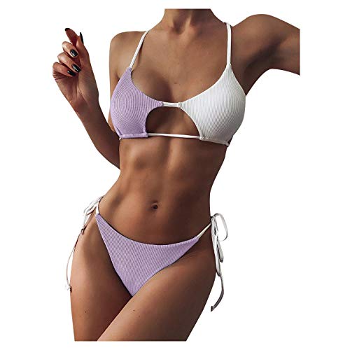 Generisch Damen Bikini Set V Ausschnitt Low Waist Schnürung Wendbarer Bikini Bademode Blumen treffen Streifen Zweiteiliger Badeanzug Swimsuit Shorts FüR Schwangere Bikini Bauchweg Damen Schwarz