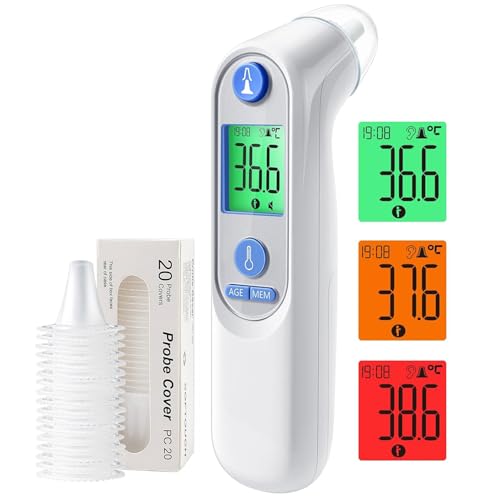 Ohrthermometer für Baby Erwachsene, Ohr Fieberthermometer mit Alter Präzision und farbcodierte Temperaturanzeige, digitales infrarot-Thermometer mit 21*Einweg-Schutzkappen