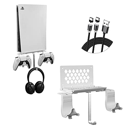 Hosanwell PS5 Wandhalterung - Halterung Wand für PS5 Konsole mit Controller Halter und Kopfhörerhalter - Massives Metall PS5 Zubehör - Platzsparend Weiß