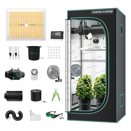 MARS HYDRO TS1000 Growzelt Komplettset mit Digitaler Temperatur und Feuchtigkeitsregler,LED Dimmbar Grow Lampe,80X80X160cm 1680D Hohe Reflektivität Grow Box Komplettset,4" Automatischer Belüftungssat