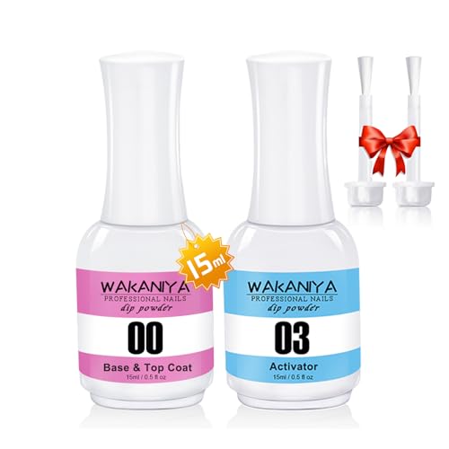 Dipping Powder Liquid Set, 2×15ML Dip-Pulver System Essentials Kit Basis Top Coat Aktivator Dip-Maniküre-Sets, 2 In 1 Dip Flüssigkeit Set mit Ersatzbürste, Glänzend und Dauerhaft