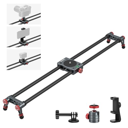 NEEWER 60cm Kohlefaser Kamera Slider Dolly Slider Schiene mit 360° Kugelkopf/Handyklemme/Action Kamera Halterung, 4 Lagern und verstellbaren Beinen, kompatibel mit GoPro Insta360 iPhone Android, CS2M
